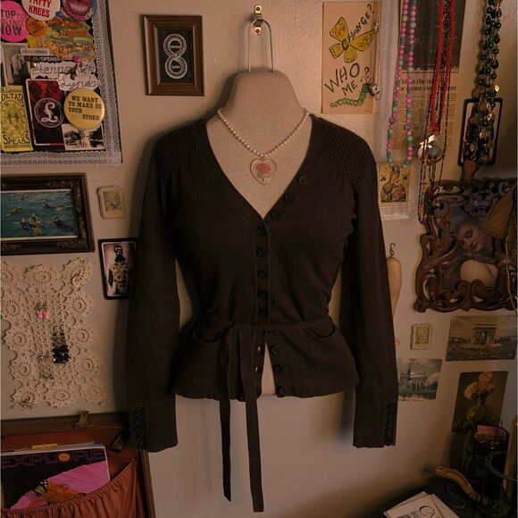 Vintage Tommy Hilfiger Tied Cardigan Sweater Women's Medium Brown Henley - Picture 1 of 8